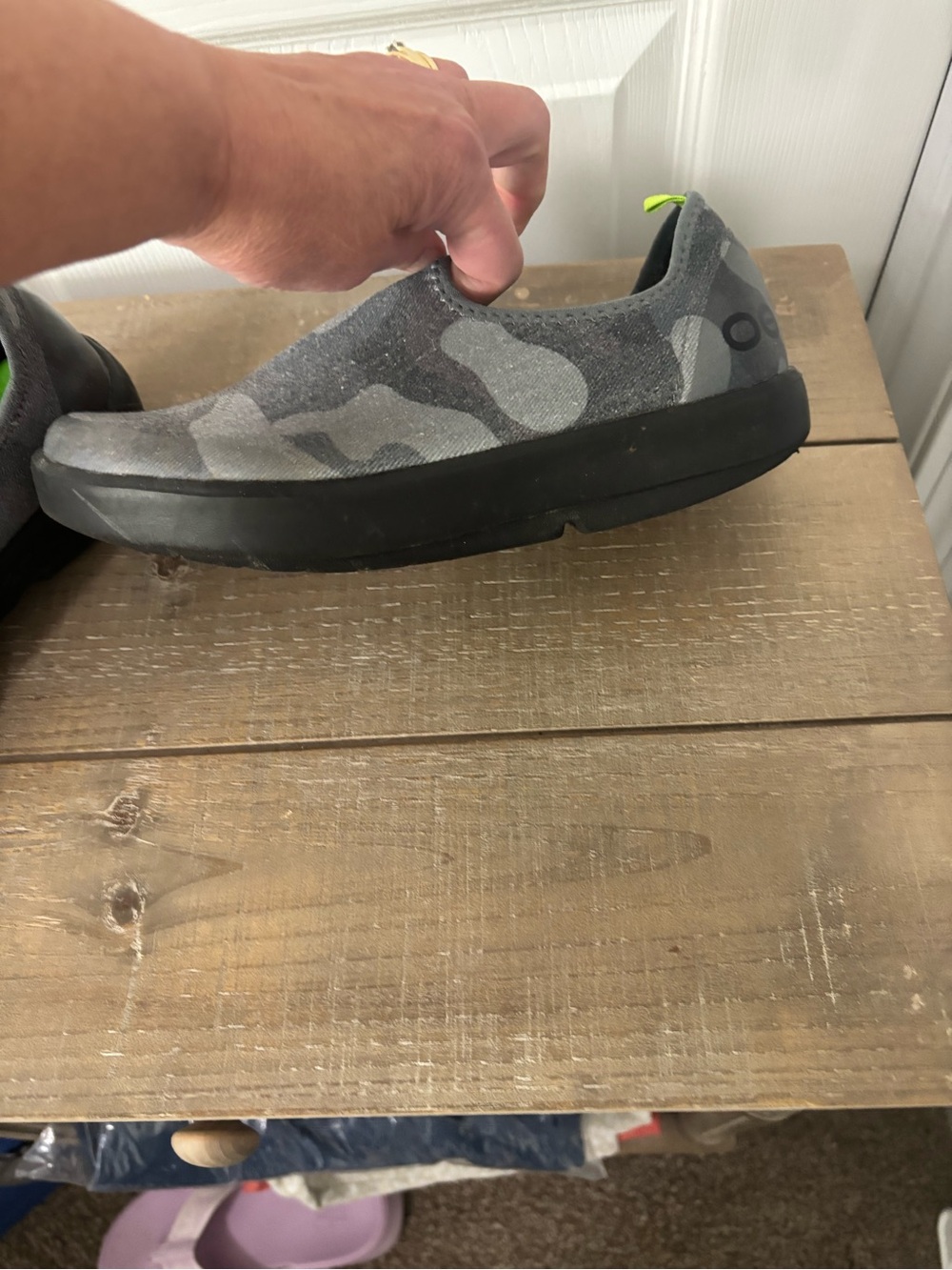 OOFOS Women’s Slip-On Athletic Shoes - Gray Camo with Neon Green Insole - Picture 4 of 7